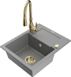 Granitinė virtuvinė plautuvė Mexen Enzo su mai&scaron;ytuvu ir sifonu, Grey+Gold