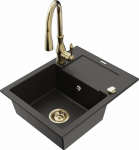 Granitinė virtuvinė plautuvė Mexen Enzo su mai&scaron;ytuvu ir sifonu, Metallic black/gold+Gold