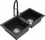 Granitinė virtuvinė plautuvė Mexen Mario su mai&scaron;ytuvu ir sifonu, Metallic black/silver+Black/Chrome