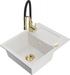 Granitinė virtuvinė plautuvė Mexen Enzo su mai&scaron;ytuvu ir sifonu, White+Black/Gold