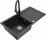 Granitinė virtuvinė plautuvė Mexen Leo su mai&scaron;ytuvu ir sifonu, Metallic black/silver+Black