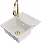 Granitinė virtuvinė plautuvė Mexen Enzo su mai&scaron;ytuvu ir sifonu, White+Gold