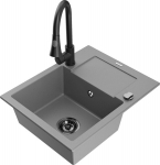 Granitinė virtuvinė plautuvė Mexen Enzo su mai&scaron;ytuvu ir sifonu, Grey+Black