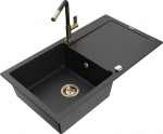 Granitinė virtuvinė plautuvė Mexen Leo su mai&scaron;ytuvu ir sifonu, Metallic black/silver+Black/Gold