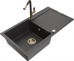 Granitinė virtuvinė plautuvė Mexen Leo su mai&scaron;ytuvu ir sifonu, Black granite+Black/Gold