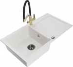 Granitinė virtuvinė plautuvė Mexen Leo su mai&scaron;ytuvu ir sifonu, White+Black/Gold