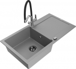 Granitinė virtuvinė plautuvė Mexen Leo su mai&scaron;ytuvu ir sifonu, Grey+Black/Chrome