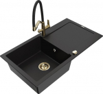 Granitinė virtuvinė plautuvė Mexen Leo su mai&scaron;ytuvu ir sifonu, Black+Black/Gold