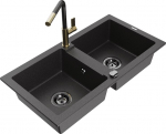 Granitinė virtuvinė plautuvė Mexen Mario su mai&scaron;ytuvu ir sifonu, Black granite+Black granite/Gold