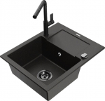 Granitinė virtuvinė plautuvė Mexen Enzo su mai&scaron;ytuvu ir sifonu, Metallic black/gold+Black