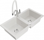Granitinė virtuvinė plautuvė Mexen Mario su mai&scaron;ytuvu ir sifonu, White+White/Chrome
