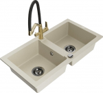 Granitinė virtuvinė plautuvė Mexen Mario su mai&scaron;ytuvu ir sifonu, Beige+Black/Gold