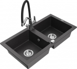 Granitinė virtuvinė plautuvė Mexen Mario su mai&scaron;ytuvu ir sifonu, Black granite+Black/Chrome