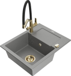 Granitinė virtuvinė plautuvė Mexen Enzo su mai&scaron;ytuvu ir sifonu, Grey+Black/Gold