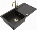 Granitinė virtuvinė plautuvė Mexen Leo su mai&scaron;ytuvu ir sifonu, Metallic black/gold+Gold