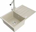 Granitinė virtuvinė plautuvė Mexen Bruno su mai&scaron;ytuvu ir sifonu, Beige+Chrome