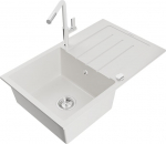 Granitinė virtuvinė plautuvė Mexen Bruno su mai&scaron;ytuvu ir sifonu, White+White/Chrome
