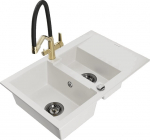 Granitinė virtuvinė plautuvė Mexen Gaspar su mai&scaron;ytuvu ir sifonu, White+Black/Gold