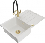Granitinė virtuvinė plautuvė Mexen Bruno su mai&scaron;ytuvu ir sifonu, White+Black/Gold