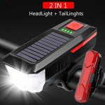 Dviračio žibintų rinkinys: USB įkraunamas LED garsiakalbis, saulės energija maitinamas priekinis ir galinis žibintas, garsinis signalas bei skambutis., Raudona (1 rinkinys, LY-17 raudona + AS1010 raudona)