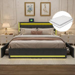 Dvigulė lova 160 x 200 cm su LED ir USB, Mink&scaron;ta lova su ciužinys, 4 stalčiais ir galvūgaliu su skyrimi, aksominė, pilka