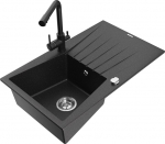 Granitinė virtuvinė plautuvė Mexen Cesar su mai&scaron;ytuvu ir sifonu, Metallic black/silver/black