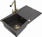 Granitinė virtuvinė plautuvė Mexen Cesar su mai&scaron;ytuvu ir sifonu, Black granite/Gold