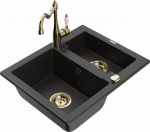 Granitinė virtuvinė plautuvė Mexen Carlos su mai&scaron;ytuvu ir sifonu, Metallic black/Silver/Gold