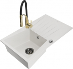 Granitinė virtuvinė plautuvė Mexen Cesar su mai&scaron;ytuvu ir sifonu, White/Black/Gold