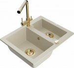 Granitinė virtuvinė plautuvė Mexen Carlos su mai&scaron;ytuvu ir sifonu, Beige+Gold