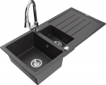 Granitinė virtuvinė plautuvė Mexen Andres su mai&scaron;ytuvu ir sifonu, Black granite/Chrome