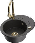 Granitinė virtuvinė plautuvė Mexen Kevin su mai&scaron;ytuvu ir sifonu, Black granite/Gold