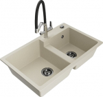 Granitinė virtuvinė plautuvė Mexen Tomas su mai&scaron;ytuvu ir sifonu, Beige/Black/Chrome