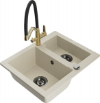 Granitinė virtuvinė plautuvė Mexen Carlos su mai&scaron;ytuvu ir sifonu, Beige+Black/Gold