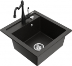Granitinė virtuvinė plautuvė Mexen Vito su mai&scaron;ytuvu ir sifonu, Metallic black/gold+Black
