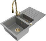 Granitinė virtuvinė plautuvė Mexen Matias su mai&scaron;ytuvu ir sifonu, Grey/Gold