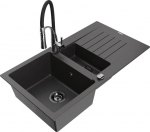 Granitinė virtuvinė plautuvė Mexen Matias su mai&scaron;ytuvu ir sifonu, Black granite/Black/Chrome