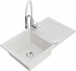 Granitinė virtuvinė plautuvė Mexen Pablo su mai&scaron;ytuvu ir sifonu, White+White/Chrome