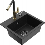 Granitinė virtuvinė plautuvė Mexen Milo su mai&scaron;ytuvu ir sifonu, Metallic black/Silver/Black/Gold