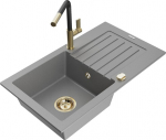 Granitinė virtuvinė plautuvė Mexen Pablo su mai&scaron;ytuvu ir sifonu, Grey/Black/Gold