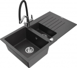 Granitinė virtuvinė plautuvė Mexen Matias su mai&scaron;ytuvu ir sifonu, Black granite/Black/Chrome