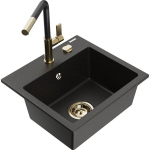 Vienguba granitinė plautuvė Mexen Milo su virtuvės mai&scaron;ytuvu Flora, Juoda/Auksinis metallic - 6505-75-670401-57-G