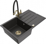 Granitinė virtuvinė plautuvė Mexen Bruno su mai&scaron;ytuvu ir sifonu, Black granite/Gold