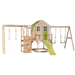 Medinė vaikų žaidimų aik&scaron;telė su čiuožykla, sūpynėmis, laipiojimo sienele, Wendi Toys M28L-G, žalias, 342 x 563 x 242 cm