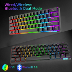 60% mechaninė klaviatūra laidinė/belaidė bluetooth 5.0 dviejų režimų klaviatūra 61 klavi&scaron;as rgb rainbow led ap&scaron;vietimas usb type-c žaidimų klaviatūra anti-ghosting klavi&scaron;ai (black/red Switch)