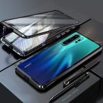 Suderinamas Huawei P30 Pro magnetinis adsorbciniu būdu tvirtinamas telefono dėklas su metaliniu rėmu ir skaidriu grūdintu stiklu - sidabrinis