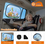Apsauga nuo saulės kūdikiams automobilyje, 2 vnt. saulės skydelių su apsauga nuo Uv spindulių, 44 x 36 cm, apsauga nuo saulės automobilių langams, adsorbuojama plėvelė, sulankstoma ir ne&scaron;iojama, su mielais gyvūnų motyvais, lipnūs saulės skydeliai