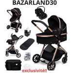 BAZARLAND30.kombinuota 3-in-1 vežimėlis, automobilių kėdutė, lop&scaron;ys, itin lengvas (apie 7 kg), lietaus danga, uodų tinklas. JUODA/AUKSO
