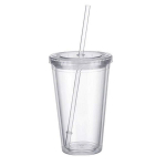 Dvigubos sienelės plastikinis puodelis su dangteliu ir &scaron;iaudeliu, izoliuotas kavos puodelis, 500 ml, permatomas