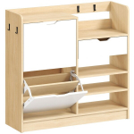 Batų lentynos prie&scaron;kambariui, batų spinta su pakreipiamais stalčiais, atviromis lentynomis, 4 kabliais, iki 14 porų batų, natūralios spalvos, Natūrali mediena